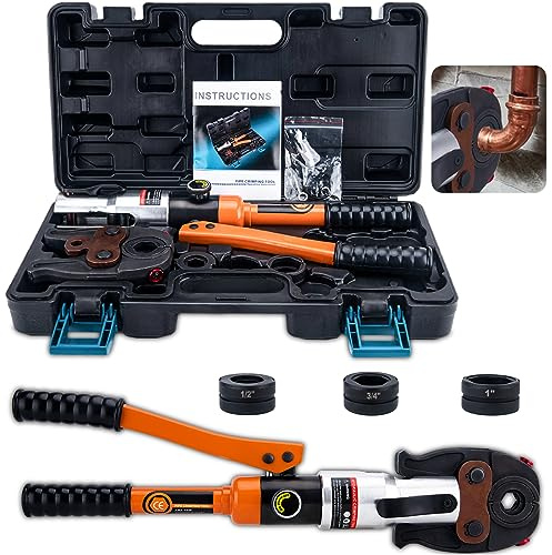 Copper Pipe Crimping Tool, W/ 1/2, 3/4, 1 Jaws, Copper Tube Fittings Hydraulic Pipe Crimping Tool, for Confined Spaces and Tee Fittings, Hydraulically Driven