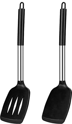 Pack of 2 Large Silicone Cooking Spatulas, BPA Free Stainless Steel Kitchen Utensils for Baking, Frying, Stir-Fry, Non-Stick Non-Scratch Heat Resistant Slotted and Solid Spoonula (Black)