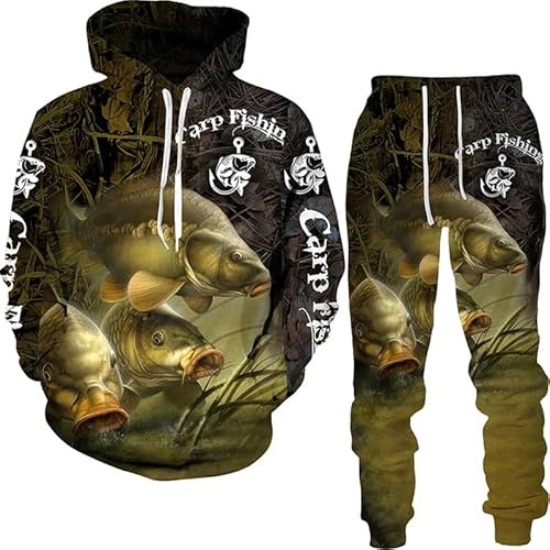 keepmore Automne Hiver Hommes Carpe Pêche Imprimé en 3D Ensemble pantalon à capuche Harajuku Survêtement Outdoor Vêtements de sport Unisexe Sweat à capuche + Pantalon de survêtement Suit