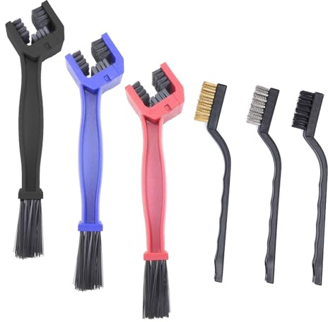 Cepillo Limpia Cadenas Moto, Kit de Cepillo de Limpieza de Bicicletas, Profesional Cepillo Limpiador de Cadena, Herramienta de Limpieza para Moto Bici, 6 Piezas, Azul, Rojo, Negro