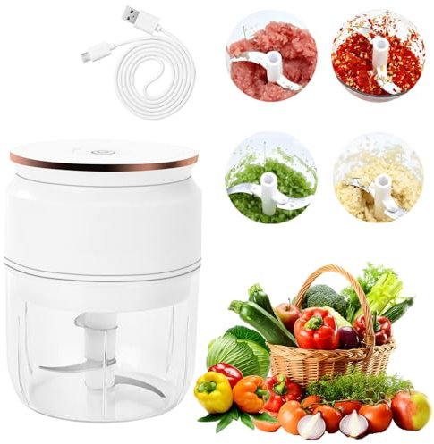 Zwiebelschneider Elektrisch, 300ml Multizerkleinerer Elektrisch, Zwiebelhacker Küche Aufladbar mit Ladekabel, Gemüseschneider Elektrisch für Fleisch, Zwiebeln, Knoblauch, Gemüse, Obst (Weiß)