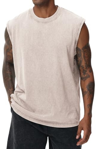 Camiseta de manga corta para hombre, de verano, sin mangas, para fitness, sin mangas, sin mangas, para entrenamiento, gimnasio, algodón, blanco marfil, M
