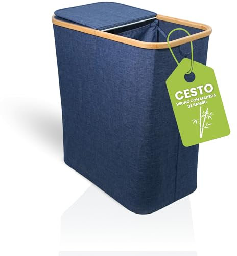Cesto Ropa Sucia Con Tapa Doble, Sistema de Separacíon Doble, 100L,Tela y Bambu, Plegable, Facil de Transportar color azul