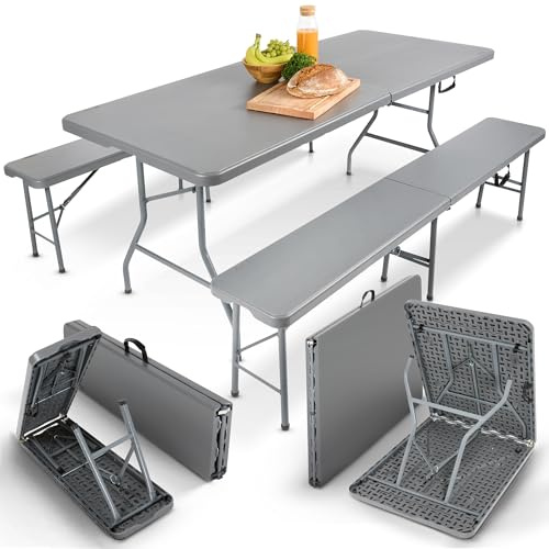 AREBOS Set de Tente à Bière 3 Pièces | Table + 2 Bancs Pliables avec Poignée | pour Intérieur et Extérieur | Table de Camping & Jardin | Couleur Anthracite