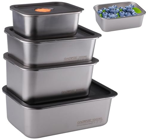 Doafoce 4 Stück Frischhaltedosen mit Deckel, Brotdose Edelstahl, Vorratsdose Lebensmittelbehälter, Wiederverwendbar Gefrierdosen, für Kühlschrank Restaurant Küche (1000ml+2000ml+3000ml+4300ml)