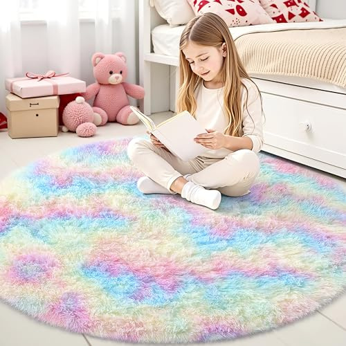 smiry - Tappeto a pelo lungo lavabile antiscivolo moderno e soffice per soggiorno, camera da letto, cameretta dei bambini, 120 cm rotondo, arcobaleno