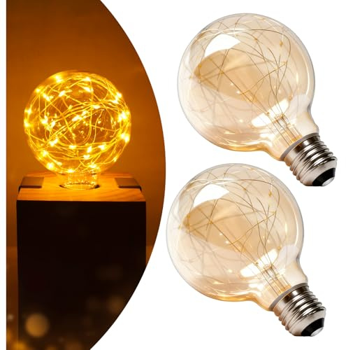 Lustaled E27 LED Vintage Light Bulb Screw, 1.5W Energy Saving Light Bulbs ES, G95 Globe Fairy Light Bulbs Screw in, Amber Glass Decorative Light Bulb Warm White 2200K, AC220-240V, Non-dimmable-2Pack