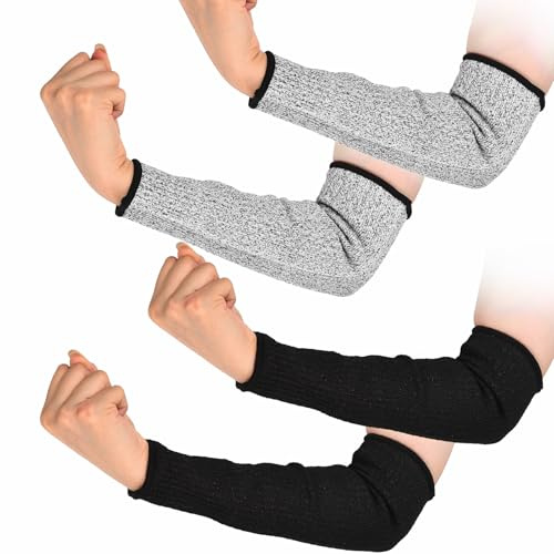 2 Paar Schnittfeste Ärmel für Arme, Unterarmschutz Arm Sleeves Herren Damen Bequem und atmungsaktiv Protective Arm Sleeves 31 cm Schutzärmel, Schutzstufe 5 für Kochen Gartenarbeit (Schwarz + Grau M)