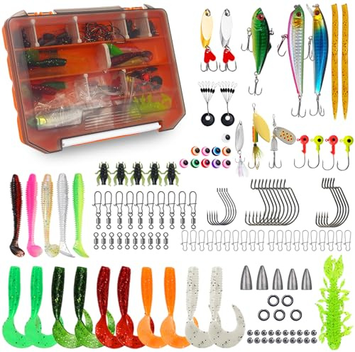 Yiomxhi 137 Pezzi Esche da Pesca Kit con Scatola per Attrezzi, Pesca Accessori Inclusi Esche Artificiali Crankbait Spinnerbait Girevoli Ganci Pesi per Persici Trote Salmoni Regalo Uomini