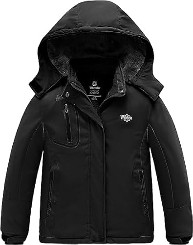 Wantdo Giacca da Sci Montagna Invernale Parka da Neve Caldo con Cappuccio Cappotto da Snowboard Giubbotto Impermeabile Bambina Nero 140-146