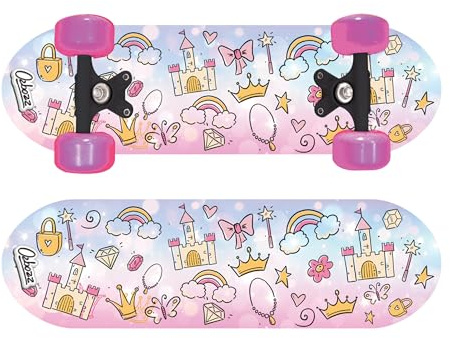 OzBozz PRINCESSES SKATEBOARD MED FLASHANDE Hjul – 17 tums däck – vacker prinsessgrafik – hjul lyser upp när du rör dig, blandade mönster och färger