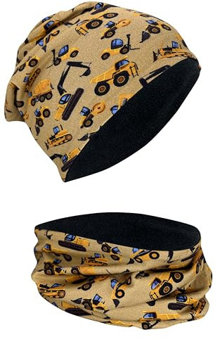 HECKBO Baufahrzeuge Winter Kindermütze & Schal Set - Fleece Innen - 2-8 Jahre - Übergangsmütze für Jungen - Baumwolle - Einheitsgröße (48–54 cm)