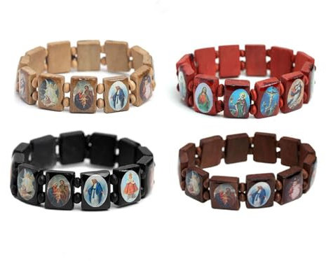 4 Stück Holz Jesus Armband Saints Rosenkranz, dehnbares Holzarmband mit kleinen Platten, mit Bildern von religiösen Heiligen Jesus Geschenk für Männer und Frauen