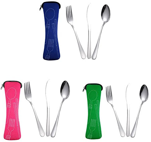 Voyage Ensemble Couverts Set,3 pièces Couverts portatifs en Acier Inoxydable, Couverts de Camping avec Étui en Néoprène pour Camping,Pique-Nique, Festivals et Les Voyages