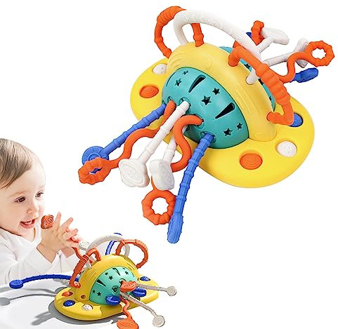 Warm Feather Montessori Baby Toys Silicone Suction Cup Toy for High Chair Toddler Sensory Toys for 18+ Month Baby Stroller Pull String Toy