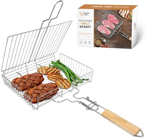 DOUBLE TWO - Stainless Steel Grill Basket, Grilling Baskets for Outdoor Grill, for Meat, Fish, Vegetable, BBQ Accessory, With Height Adjustable Cover & Detachable Handle, Easy to use, 1Pcs