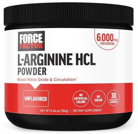 Force Factor L Arginine HCL, L-Arginine Supplement to Boost Nitric Oxide for Better Circulation, Blood Flow, and Muscle Pumps, L Arginine Powder 6000mg, Unflavored, 30 Servings
