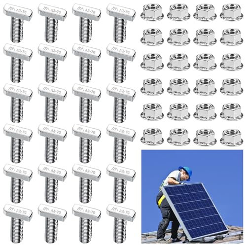XSHAO® 24 tornillos de cabeza de martillo m8 x 20, acero inoxidable A2-70, tornillos de cabeza de martillo m8 con 24 tuercas de brida m8 para rieles de montaje fotovoltaicos fotovoltaicos y
