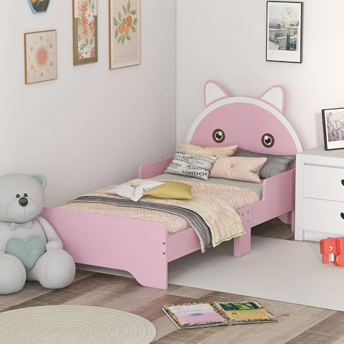 ZONEKIZ Toddler Bed Frame, Kids Bed Cat Design Princess Bed Bedroom Furniture with Guardrails, for 3-6 Years Old, 143L x 74W x 72Hcm - Pink