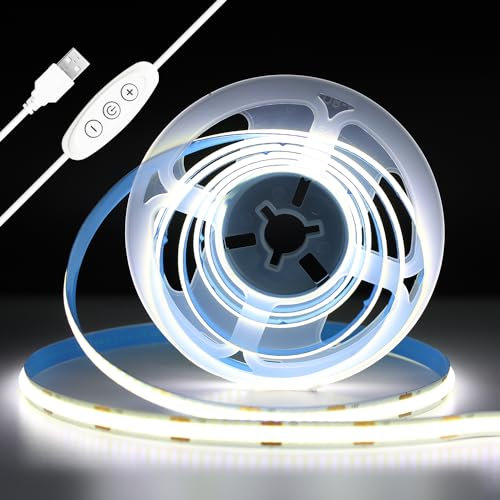iNextStation 5V USB COB LED Strip Light Cold White 6000K, 6.6ft/2M 640LEDs LED Strips Dimmable, CRI 93+, Flexible LED Tape Lights for TV Backlight, Cupboard, Mirror, Wardrobe, Home Decor