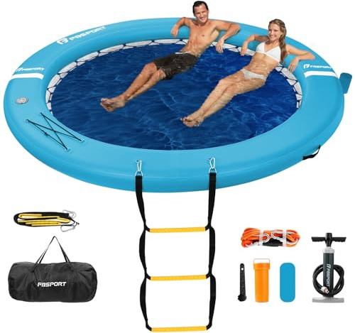 FBSPORT Inflatable Water Hammock Round Floating Ring, 8ft Inflatable Dock Floating Platform for Lake W/Cupholder, Sun Float Chill Raft Float Ring Tanning Pool Lounger Island Platform Pad, Blue