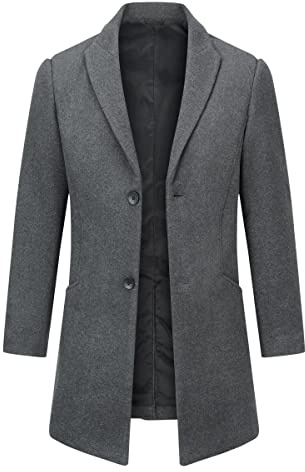 Allthemen Mens Wool Trench Coat Winter Warm Jacket Slim Fit Long Woolen Overcoat Classic Thickened Windbreaker Grey S