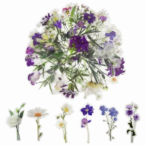 80 Pcs Flower Stickers, Transparent Scrapbook Stickers Handmade Floral Stickers Flower Stickers for Adults for Scrapbook Supplies, Card, Laptop, DIY Crafts (Violet+Sweet)