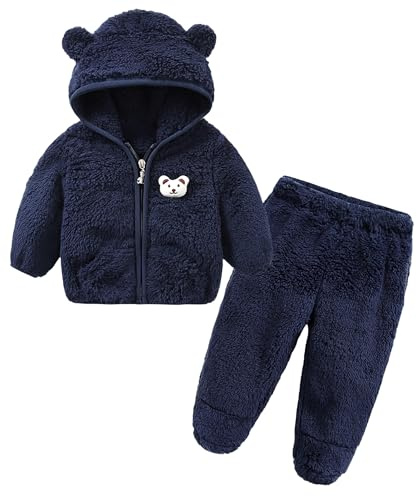 SEAUR Winter Hooded Down Coat And Pants Suit for Kids Baby Boys Lightweight Puffer Bear Hoods Infant Outerwear Navy Blue 9-12 Months