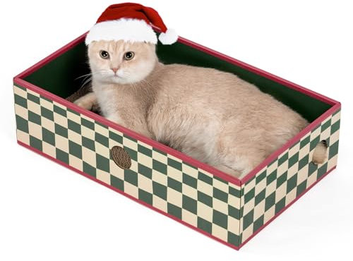 Conlun Cat Scratching Board with Box, Large Scratcher Box, Heavy-Duty Double-Sided Cardboard Scratch Pad,Interactive Holes & Mess-Free Bed Lounge for Indoor Cats,with Catnip (1-Pack, Large, Checkered)