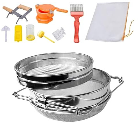 XBOKA Bienenzucht-Ernte-Kits, Edelstahl, Doppelsieb, Honigsieb, Rahmen, Griff und Entdeckelgabel, Imkerbedarf