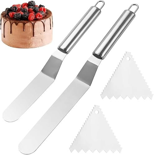 4 Stück Winkelpalette Edelstahl Set, Winkelpalette Torte Kuchenmesser mit 2 Dreiecksschaber, Tortenmesser Streichpaletten für Torten Tortenspachtel Winkelpalette für Kuchen Backen(Silber)