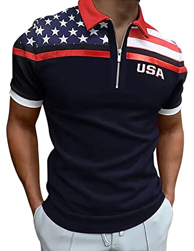Hauts en coton pour femmes - Col rabattable musculaire pour homme - Drapeau américain - Chemises patriotiques - Coupe ajustée - Manches courtes - Fermeture éclair - T-shirts doux - Hauts débardeurs