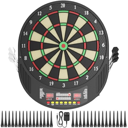 Brolteja Diana eléctrica,Electrónica de Dardoscon 6 Dardos,Tablero de Dardos electronico con Indicador LED,Diana Electrónica Plegable con 33 Juegos, para 1 a 8 Jugadores