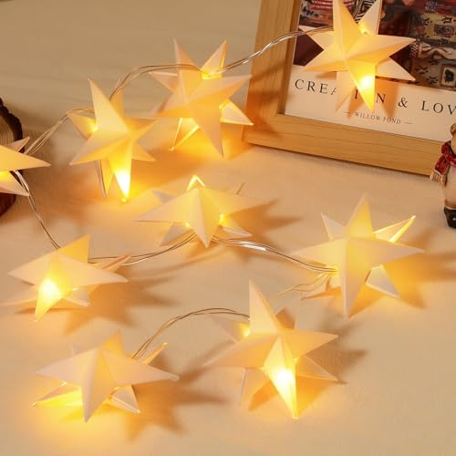 Lewondr Christmas Paper Hanging Star Light, 2 Pack 8-Pointed Paper Lantern with 6 Hours Timer Function, 51'' Battery Powered Fairy Lights Indoor with 10 LED Beads for Room Wedding Party Home Decor