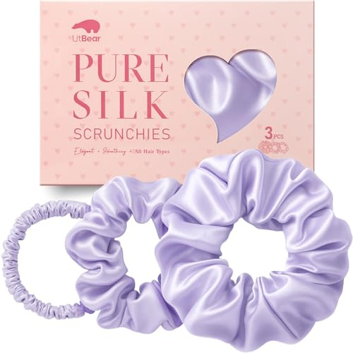 Litbear Juego de 3 gomas para el pelo de seda 100% pura de morera en 3 tamaños, anillos de seda para dormir, suaves para el cabello contra la rotura del cabello (rosa + morado + negro)