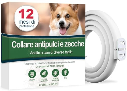 Collare Antiparassitario per Cani, Antiparassitario Collare Antipulci cane per Tutti i Tipi di Cani, Regolabile Impermeabile, 12 Mesi di Efficacia Protezione, 65cm Taglia Unica
