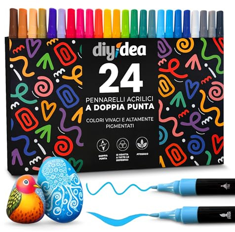 DIYIDEA Pennarelli Acrilici 24 Colori Doppia Punta (Pennello & Punta Fine 1 mm) – A Base d’Acqua, Asciugatura Rapida, Non Tossici – Per Legno, Vetro, Ceramica, Pietra & Hobby Creativi