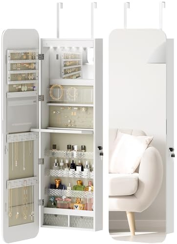 HOMCOM Espejo Joyero Luz LED Montado en Pared o Puerta 37x10x120 cm Blanco