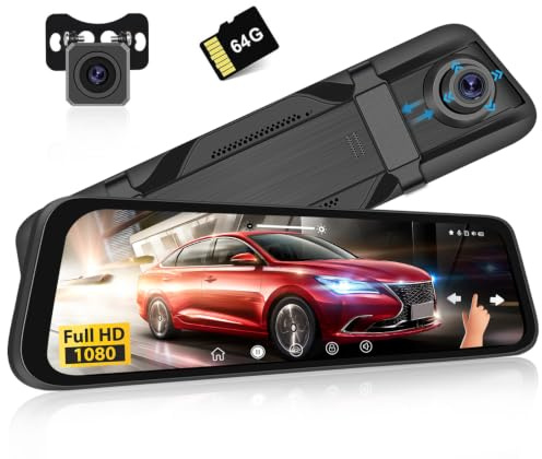Realdio Dashcam Espejo Retrovisor 9,66 Doble Cámara 1080P Pantalla Táctil | Tarjeta SD 64 GB Incluida, Visión Nocturna, Gran Angular 150°+120°, HDR, Grabación en Bucle, Línea de Marcha Atrás, Sensor G