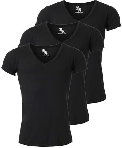 Young & Rich Herren Uni T-Shirt mit extra tiefem V-Ausschnitt Slimfit Stretch Dehnbare Passform einfarbiges Basic Shirt - 3er Pack, Grösse:S, Farbe:Schwarz