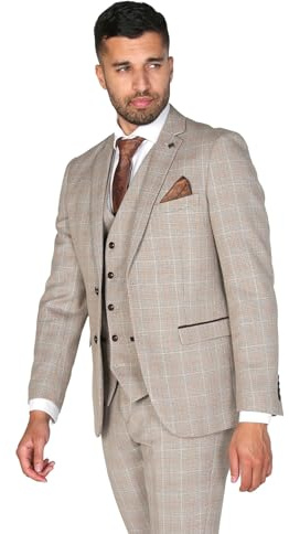 Men’s Retro Check Tweed Suits Tailored Fit Father and Son 3 Piece Set in Beige Brown Chest 42R - Waist 36R