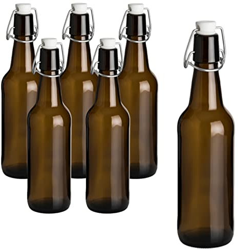 gouveo Lot de 6 bouteilles en verre 500 ml antique avec bouchon pivotant - Bouteilles en verre brun de 0,5 l à remplir - Bouteilles à bouchon mécanique pour jus, bière et boissons maison (BF500A)