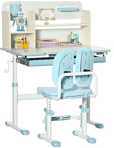 HOMCOM Kids Desk and Chair Set, Height Adjustable Kids Study Table and Chair Set with Storage Shelves, Washable Cover, Anti-Slip Mat, for Ages 3-12 Years - Blue