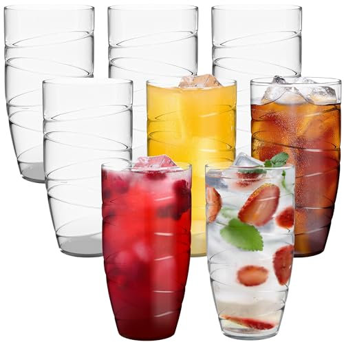 HEFTMAN Juego de 8 vasos de plástico acrílicos de 550 ml con diseño de remolino, vasos de plástico apilables reutilizables para jardín, picnic, camping, barbacoas, fiestas o uso diario (transparente)