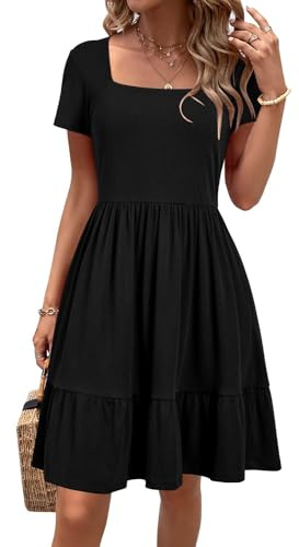 Newshows Women's 2026 Spring Summer Dress Square Neck A Line Flowy Beach Vacation Sundress Semi-Formal Work Business Teacher Outfits with Pockets(Black,L)