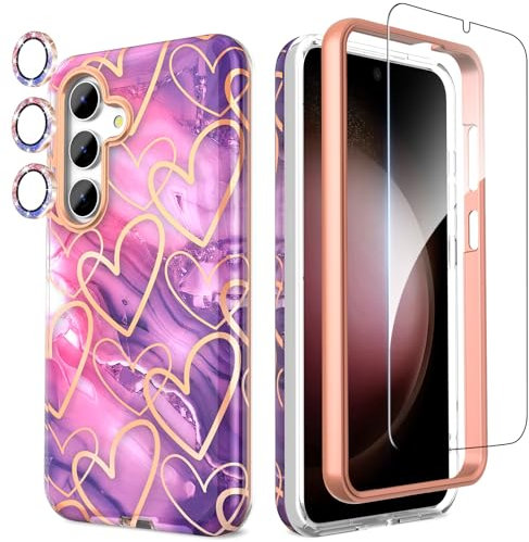SHEDEER for Samsung S24 Case with Screen Protector + Bumper & Camera Protector, TPU Shockproof 360° Protection, Samsung Galaxy S24 Case Glossy Fade-Resistant Pattern Phone Case S24, Purple