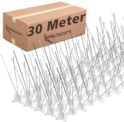 PRIOstål duvskydd, duvspikar, fågelskrämma med plastbasplatta 5 rader 30 meter (60 x 0,50 cm spikar) fågelskydd, försvar, för balkong, tak, fönster, UV-resistent och rostfritt stål, V2A