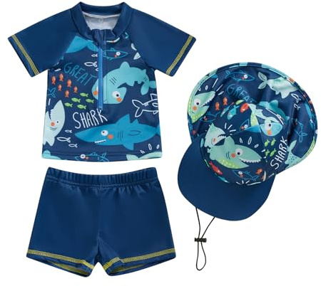 Traje de baño de 2 piezas, antiUV, manga larga + pantalón de baño + sombrero de sol, traje de natación, Azul tiburón, 12-18 meses