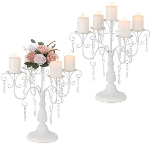 Sziqiqi Bougeoirs Chandelier Blancs - Bougeoirs pour Bougies Piliers Décoratifs pour Réception Mariage Bougeoirs en Métal pour Noël Pâques