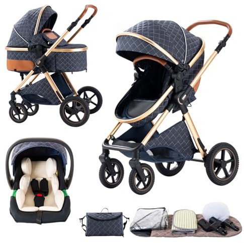 BEBBY passeggino trio, combinazione passeggino 3 in 1 cittadino con passeggino portatile con neonato pieghevole di lusso con modello ad alta vista (Blue., H2)